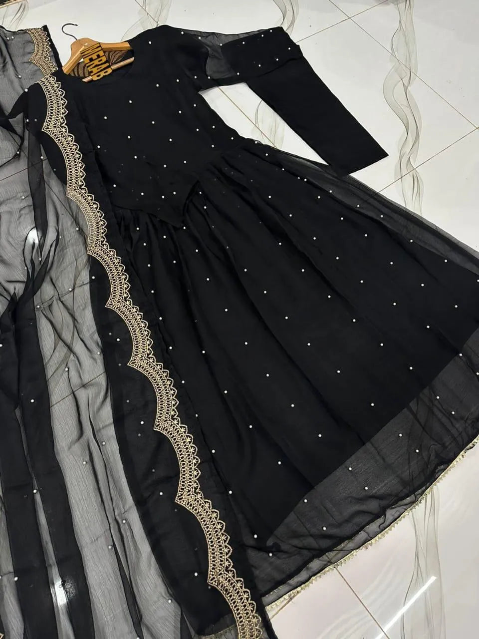 Black Embroidered Anarkali Chiffon Maxi Suit with Pearl Work (3 Pcs)