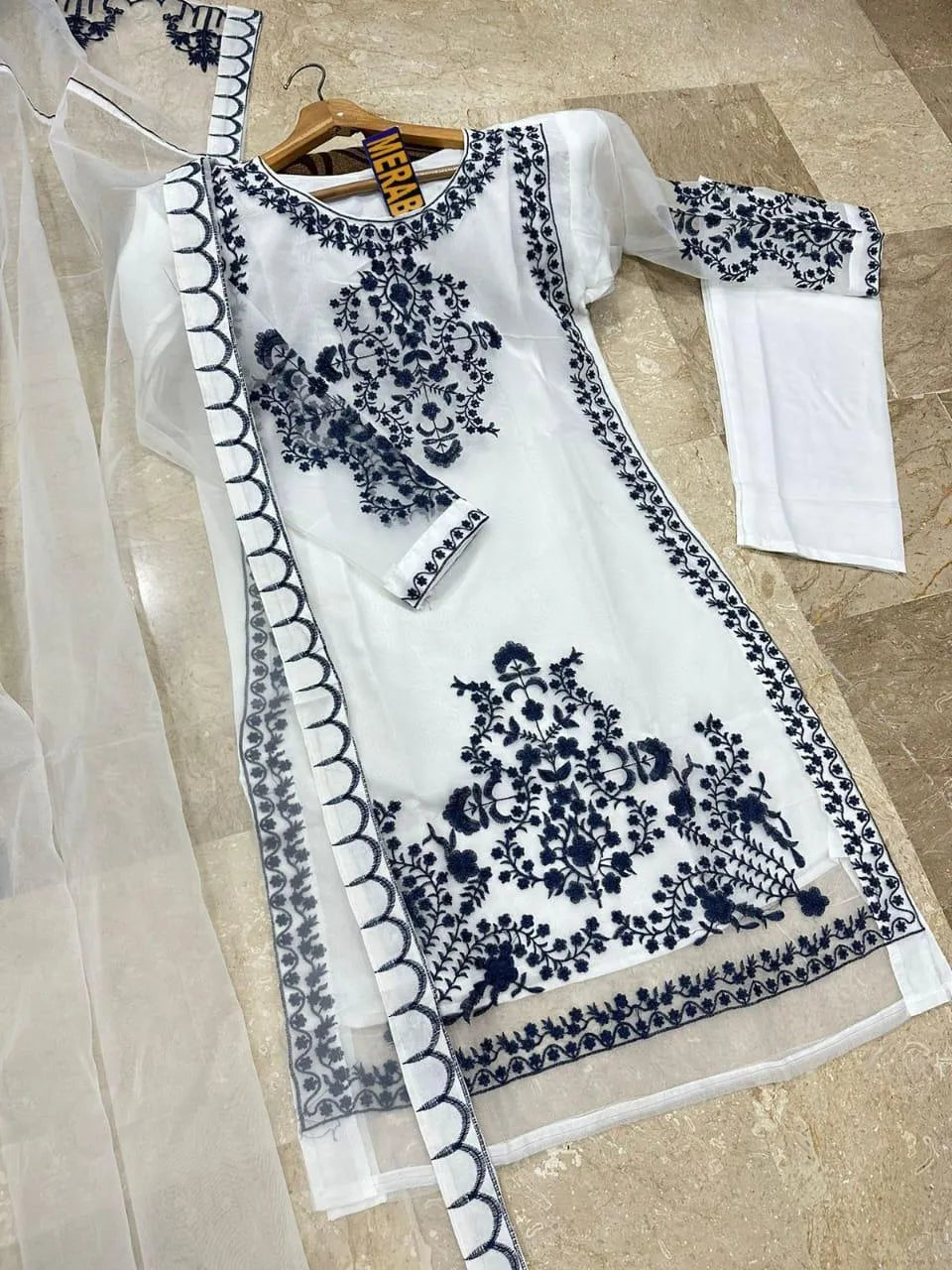 White Organza Embroidered 3-Piece Suit for Women (Blue)