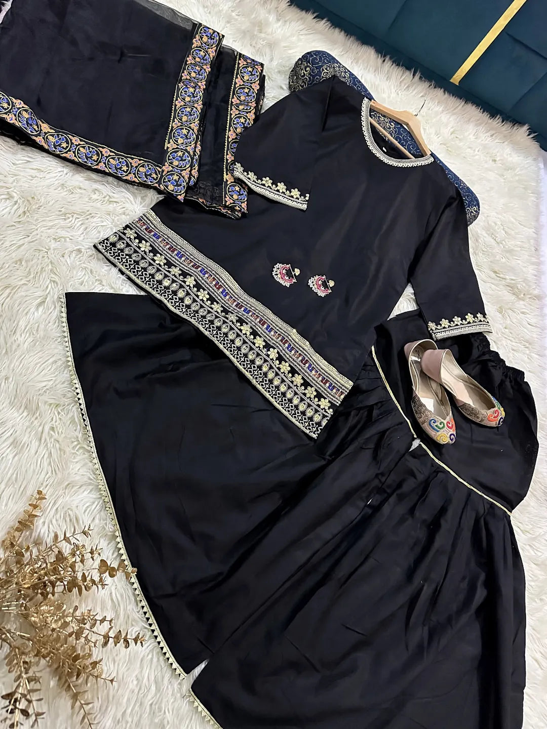 Black Shamoz Silk Embroidered Suit with Garara (3 Pcs)