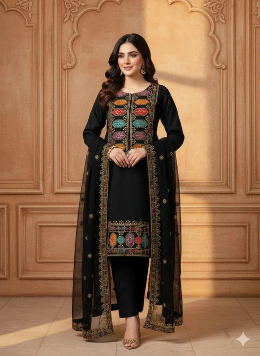 Black sequin embroidered 3-piece unstitched suit for women