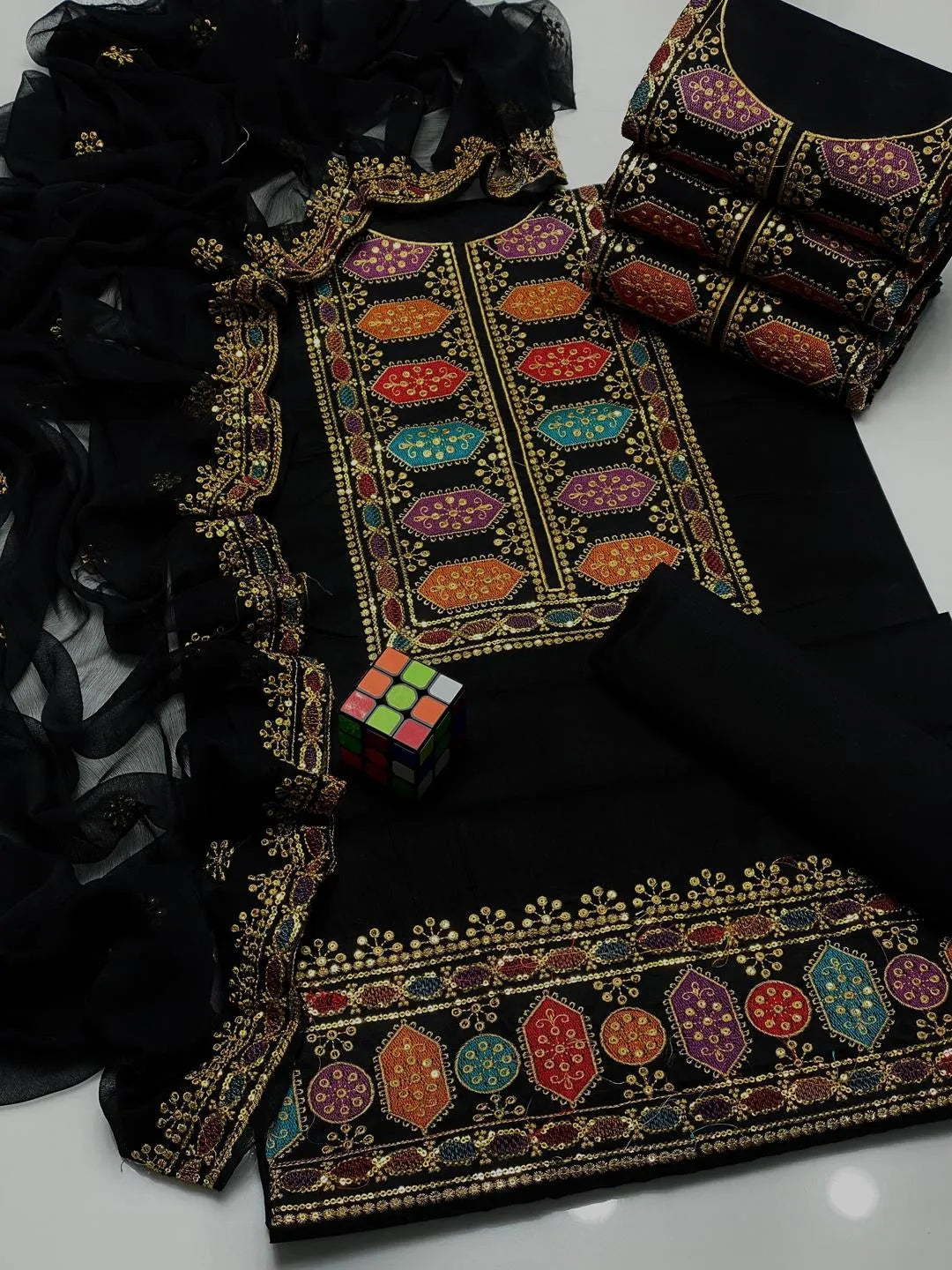 Black chiffon dupatta with sequin embroidery