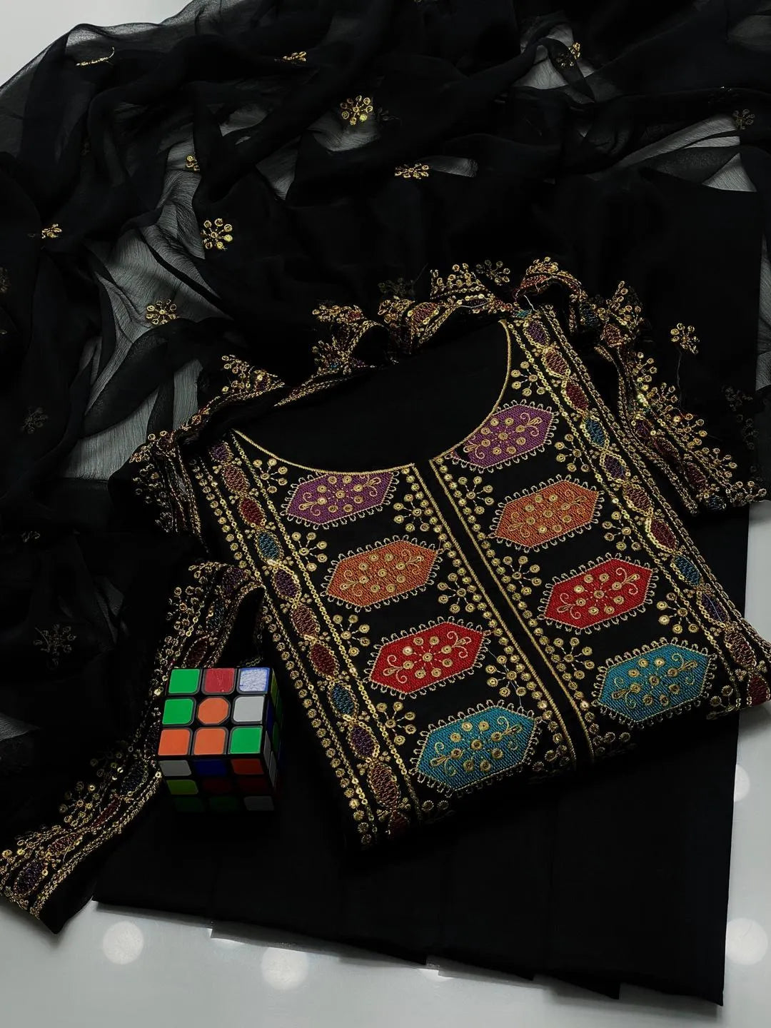 Black sequin embroidered 3-piece suit full set view