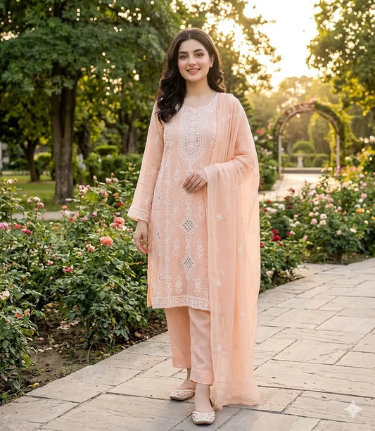 Peach chiffon sheesha work 2-piece unstitched suit for women