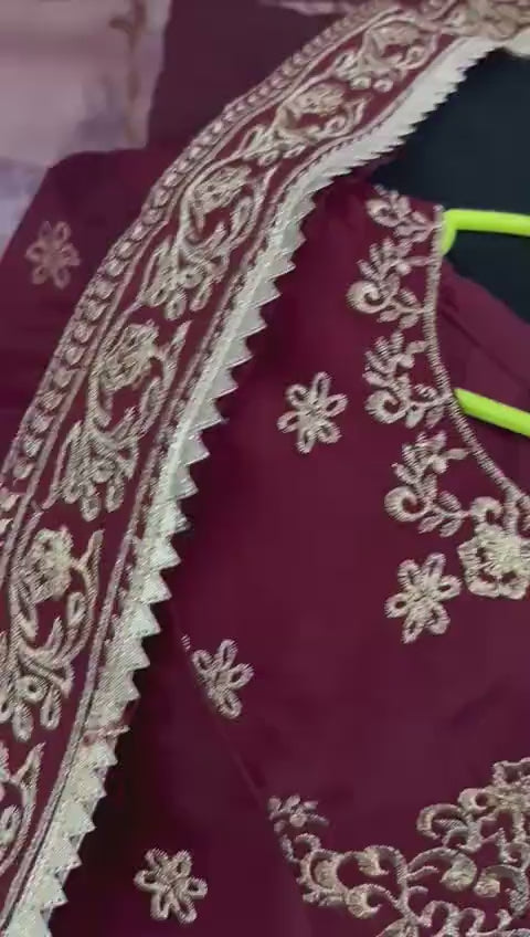 Kids 3Pcs Embroidered Maroon Lehenga Set