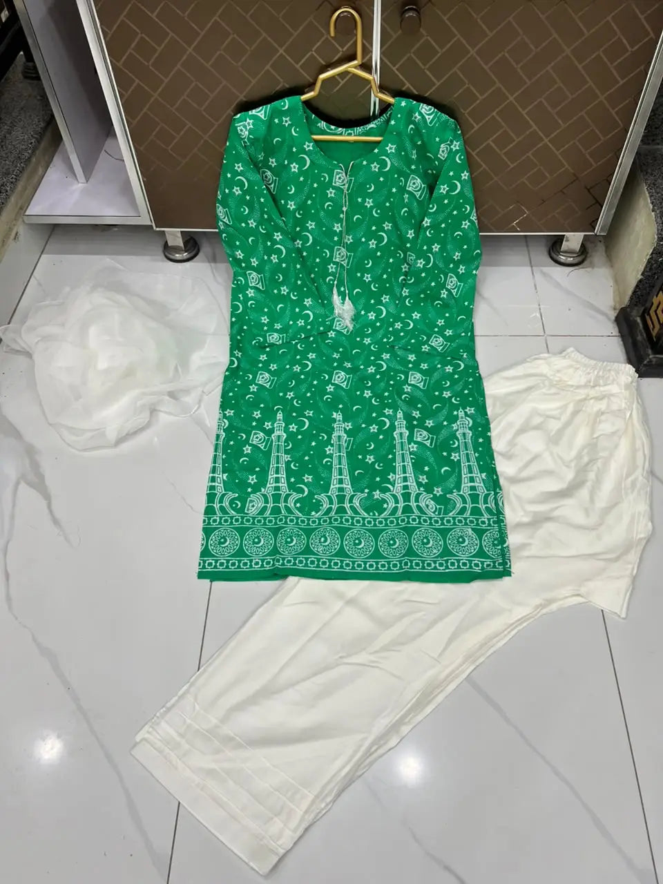 3 Pcs Women's Stitched Arabic Lawn Block Printed Suit with Shalwar - Affordable Pakistani Fashion