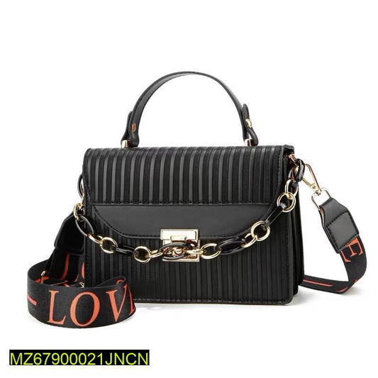 Black Striped Shoulder Bag with Gold Chain