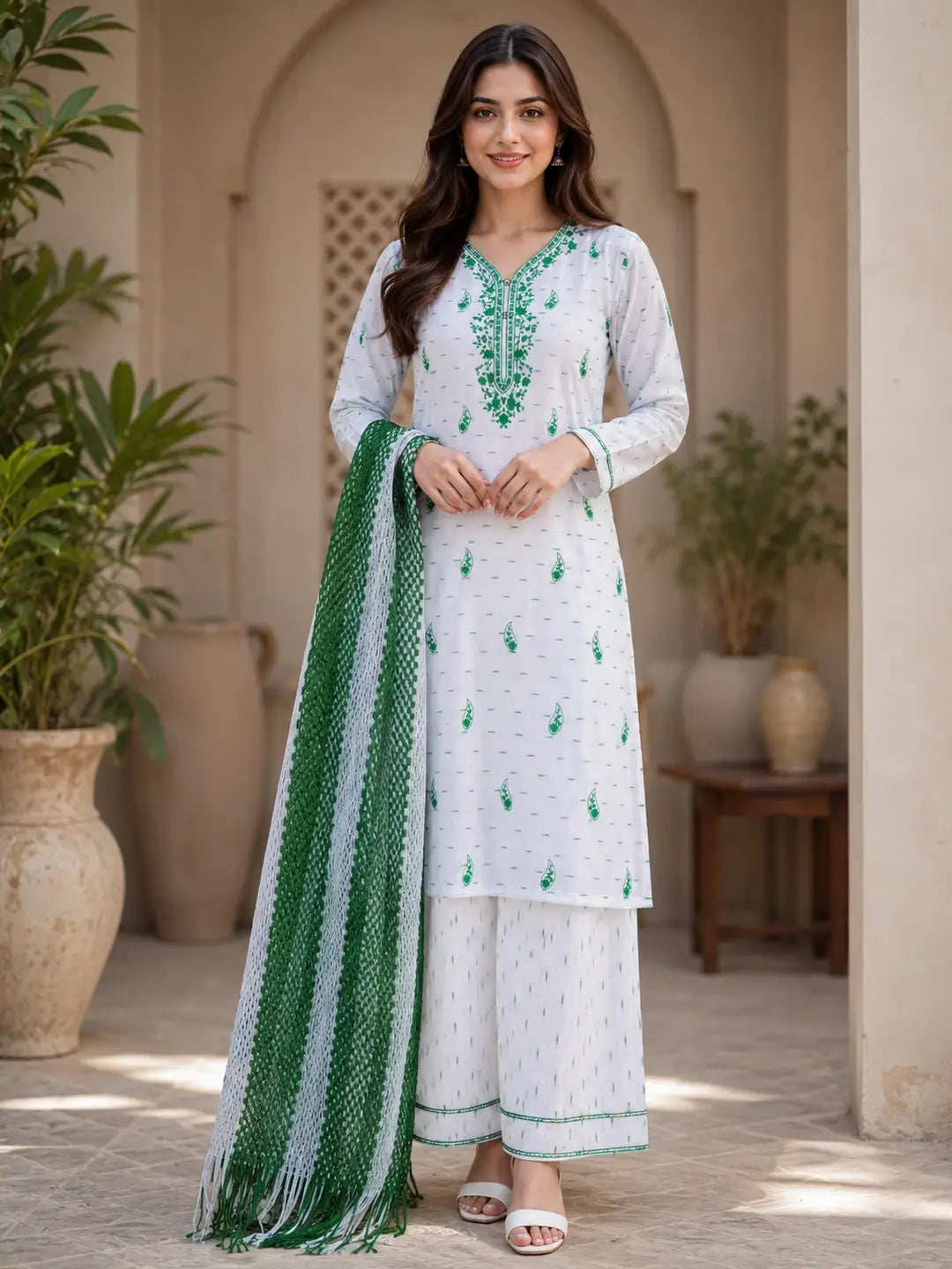 14 August 3 Pcs Women's Stitched Fancy Embroidered Suit - Ready to Wear - Green Patriotic Outfit