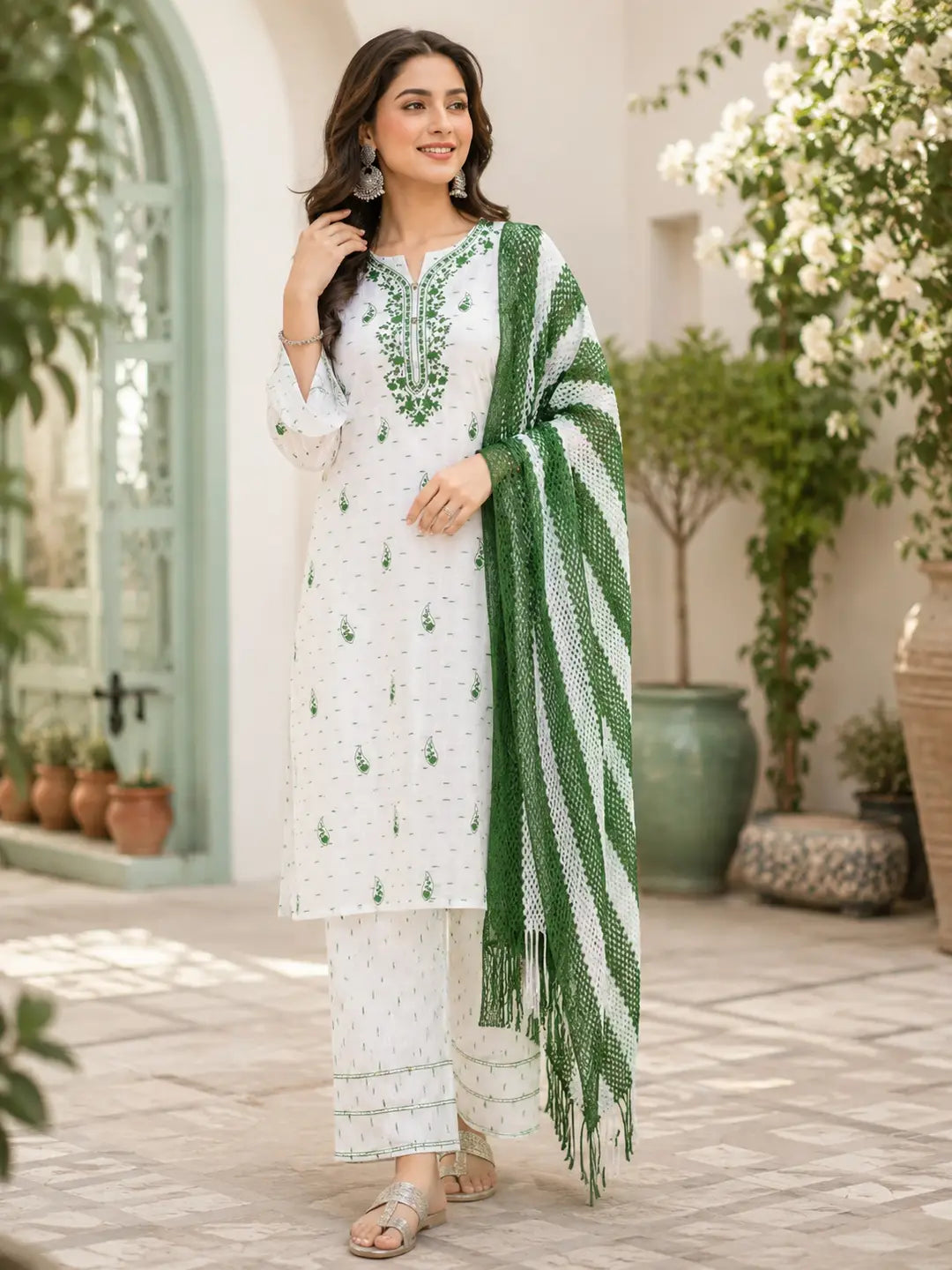 14 August 3 Pcs Women's Stitched Fancy Embroidered Suit - Ready to Wear - Green Patriotic Outfit