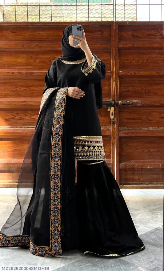 Black Shamoz Silk Embroidered Suit with Garara (3 Pcs)