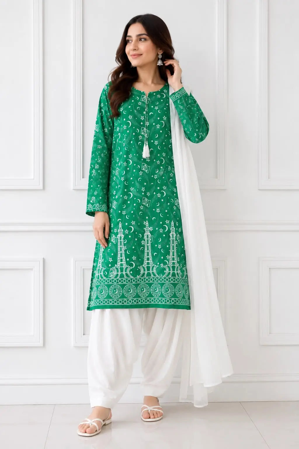 3 Pcs Women's Stitched Arabic Lawn Block Printed Suit with Shalwar - Affordable Pakistani Fashion