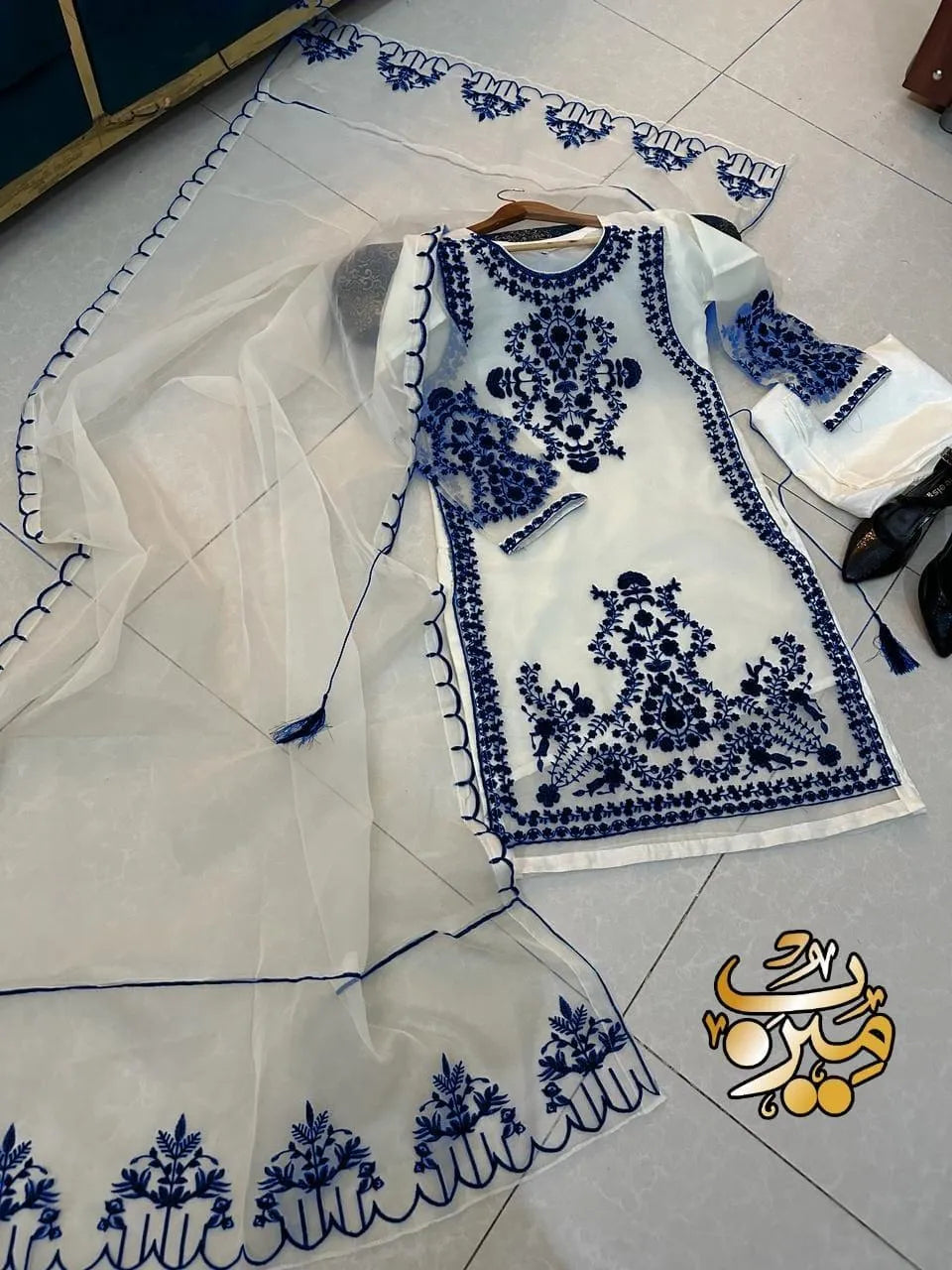 White Organza Embroidered 3-Piece Suit for Women (Blue)