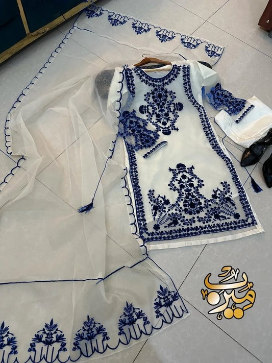 White Organza Embroidered 3-Piece Suit for Women (Blue)