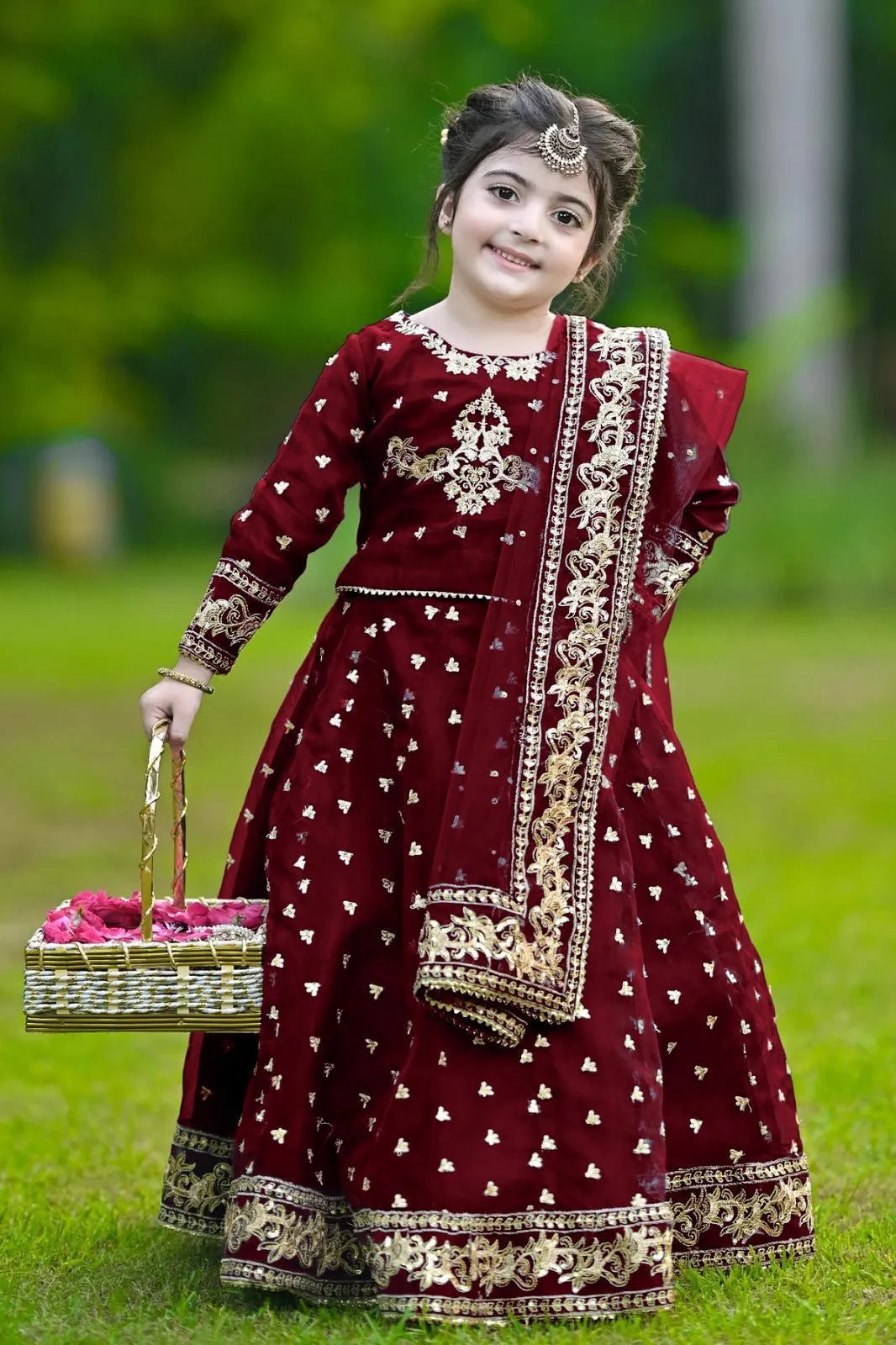Kids 3Pcs Embroidered Maroon Lehenga Set