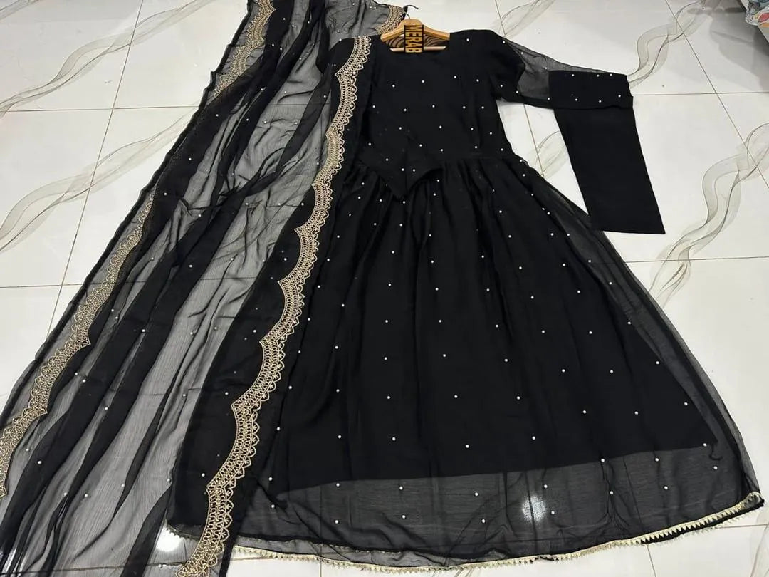 Black Embroidered Anarkali Chiffon Maxi Suit with Pearl Work (3 Pcs)