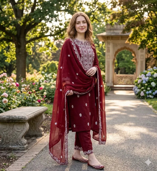 Maroon chikankari embroidered lawn 3-piece unstitched set for women