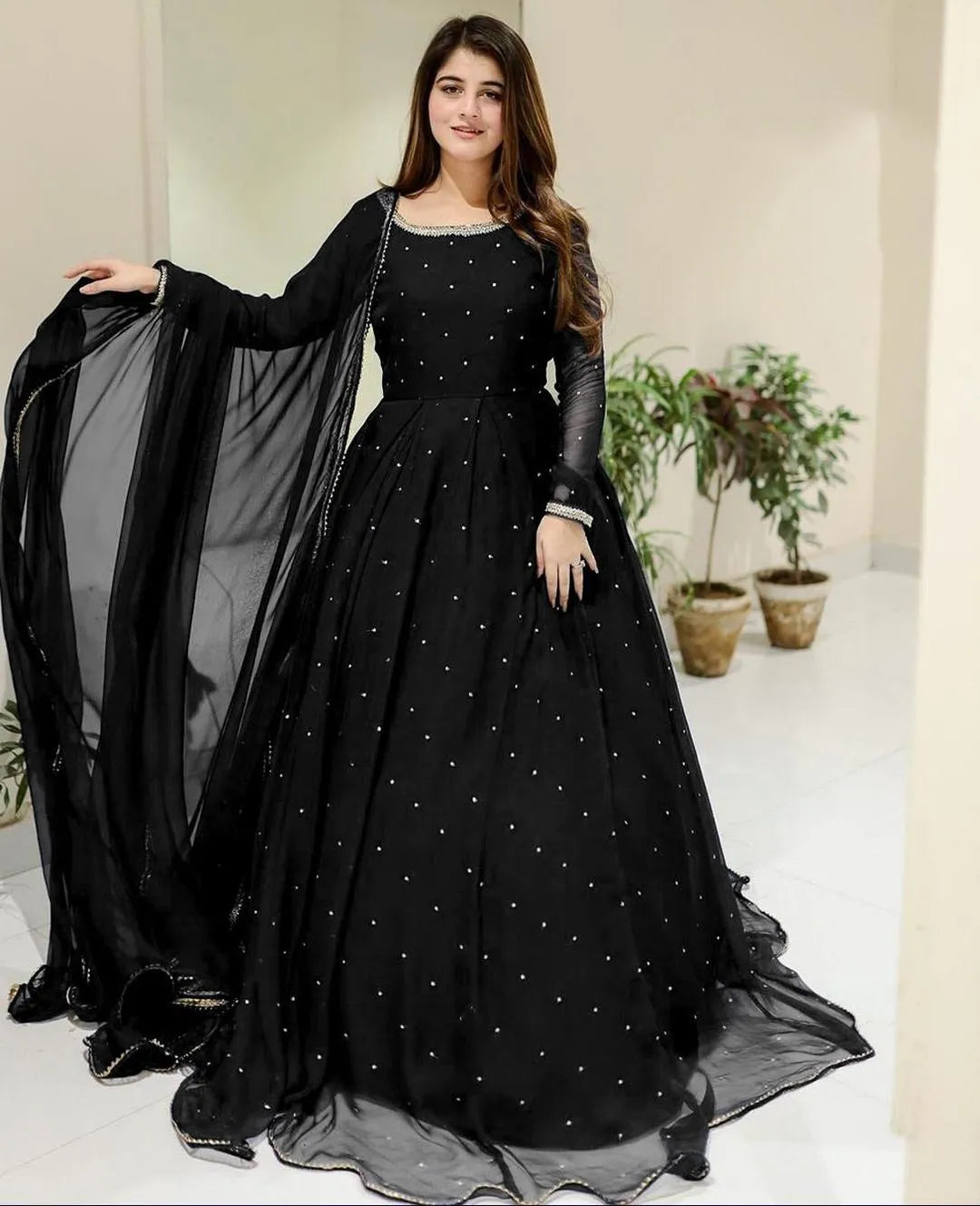 Black Chiffon Embroidered Maxi Suit with Pearl &amp; Lace Work (3 Pcs)