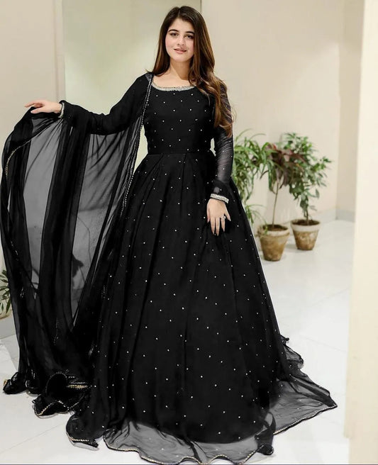 Black Chiffon Embroidered Maxi Suit with Pearl &amp; Lace Work (3 Pcs)