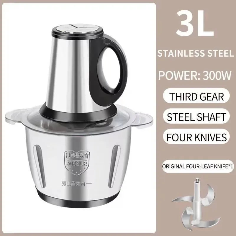 3L Stainless Steel Electric Chopper - 4 Blades, 3 Speeds