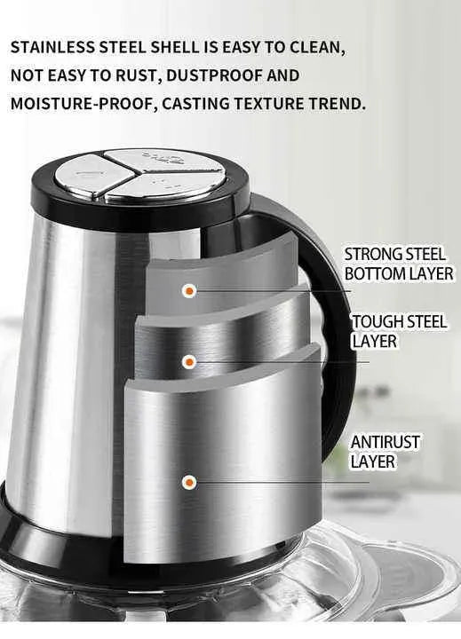 3L Stainless Steel Electric Chopper - 4 Blades, 3 Speeds