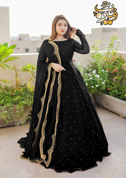 Black Embroidered Anarkali Chiffon Maxi Suit with Pearl Work (3 Pcs)