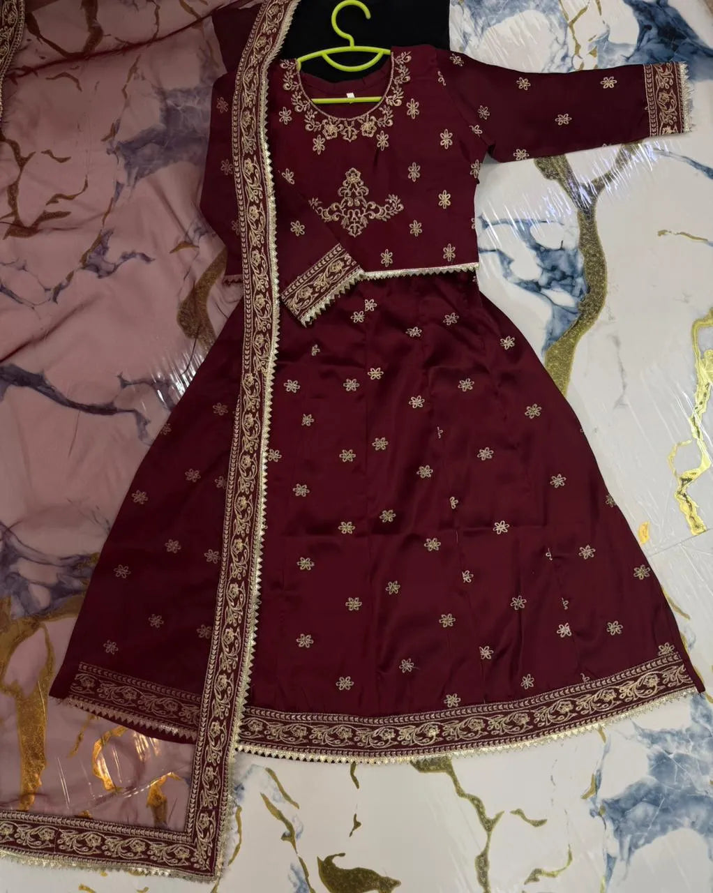 Kids 3Pcs Embroidered Maroon Lehenga Set