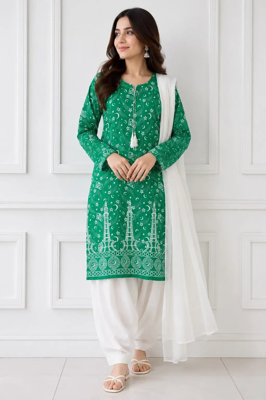 3 Pcs Women's Stitched Arabic Lawn Block Printed Suit with Shalwar - Affordable Pakistani Fashion