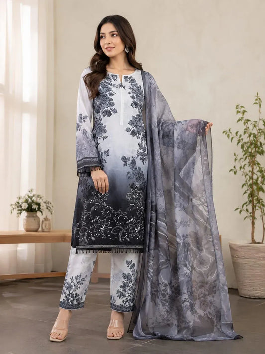 Black Printed Lawn 3-Piece Unstitched Suit Set for Women