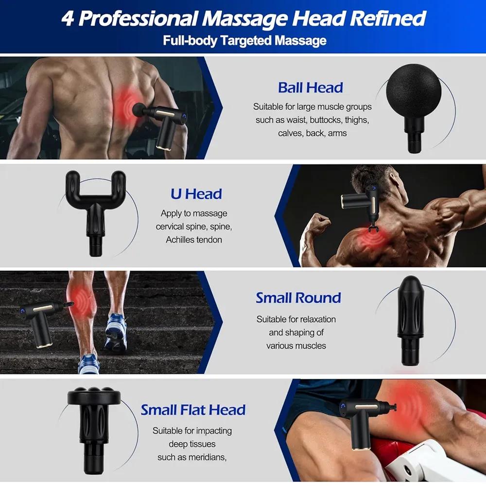 Portable Massage Gun with 4 Heads — Deep Tissue Muscle Massager, Black
