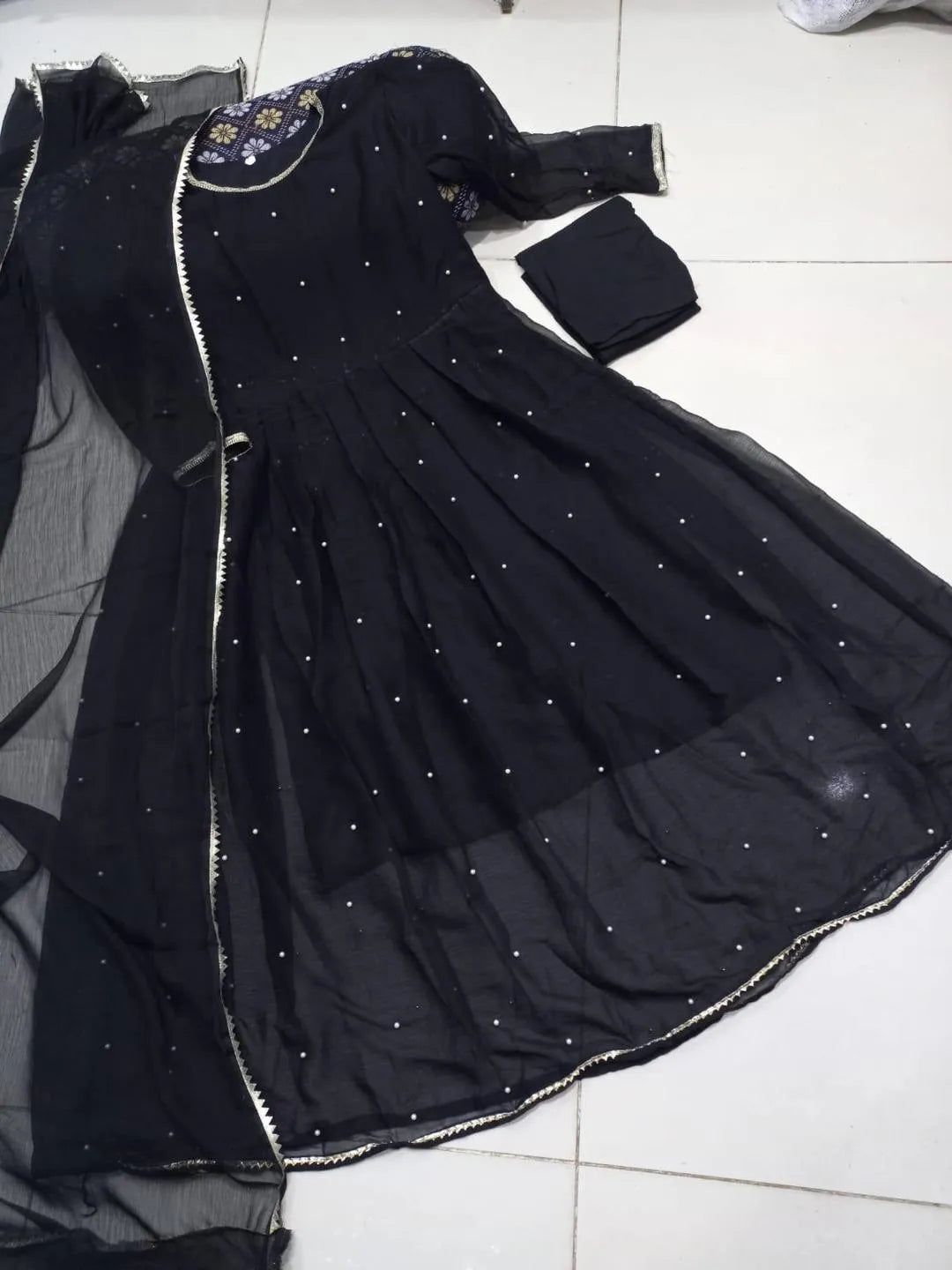 Black Chiffon Embroidered Maxi Suit with Pearl &amp; Lace Work (3 Pcs)