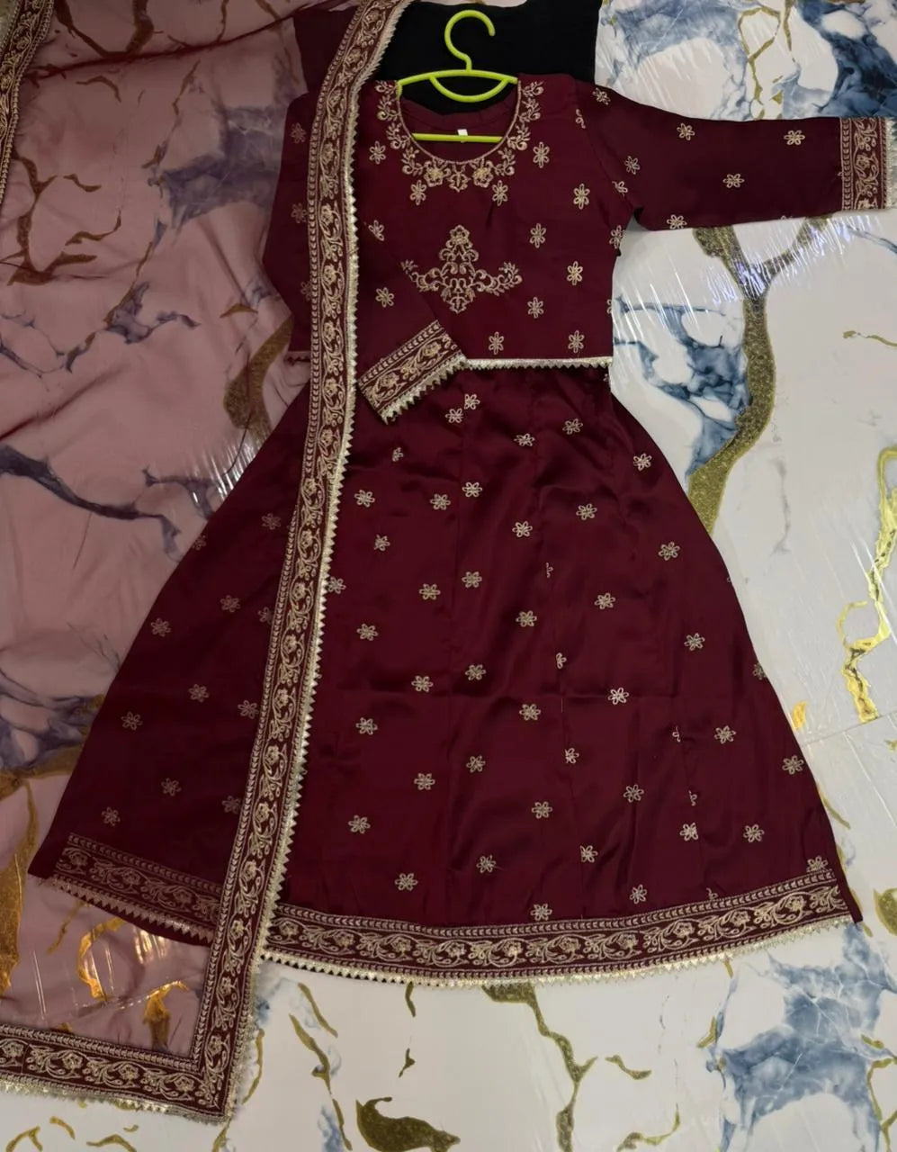 Kids 3Pcs Embroidered Maroon Lehenga Set