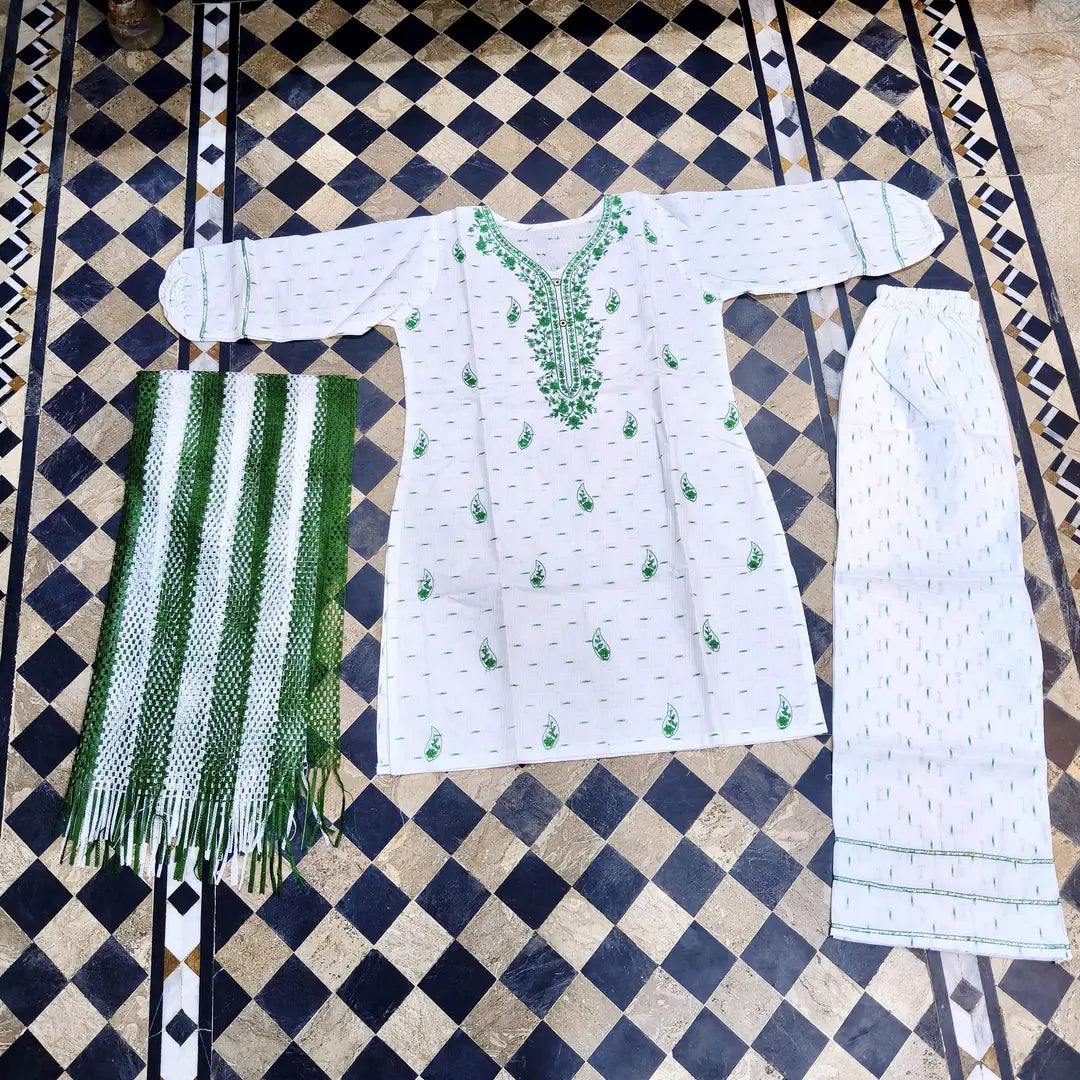 14 August 3 Pcs Women's Stitched Fancy Embroidered Suit - Ready to Wear - Green Patriotic Outfit